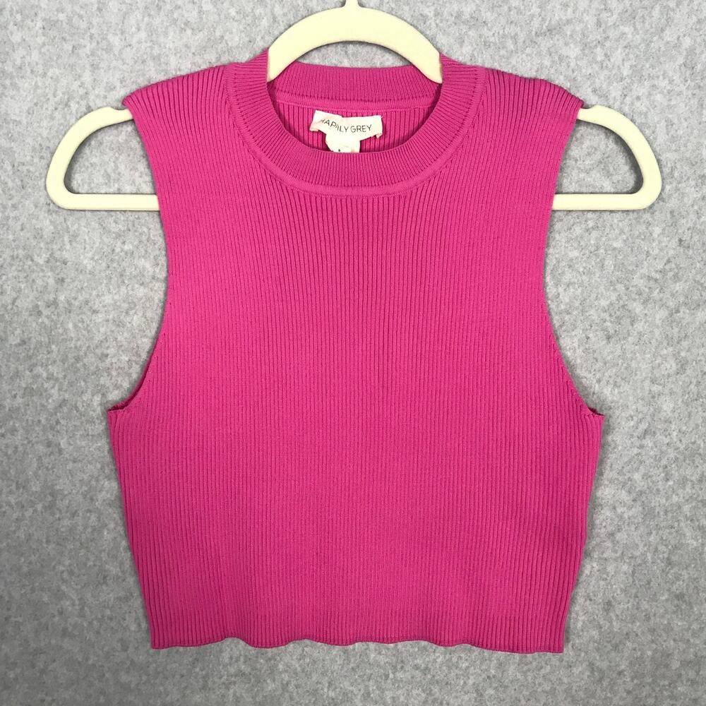 Happily Grey Knit Crop Tank Top XL Pink Ribbed High Mock Neck Shell Layer Under